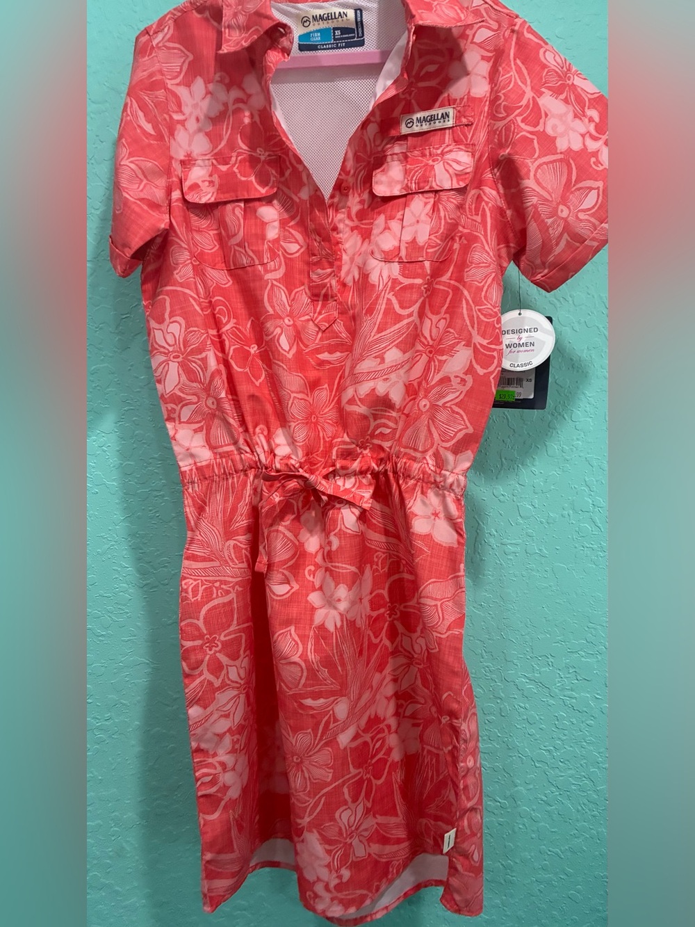 Magellan Outdoors Coral and White Floral Short Sleeve Shirt XS NWT beach boat
